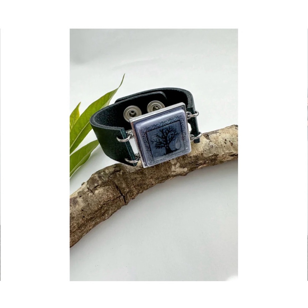 Spirit Lala Black Leather cuff Bracelet with Tree Design and words on the back